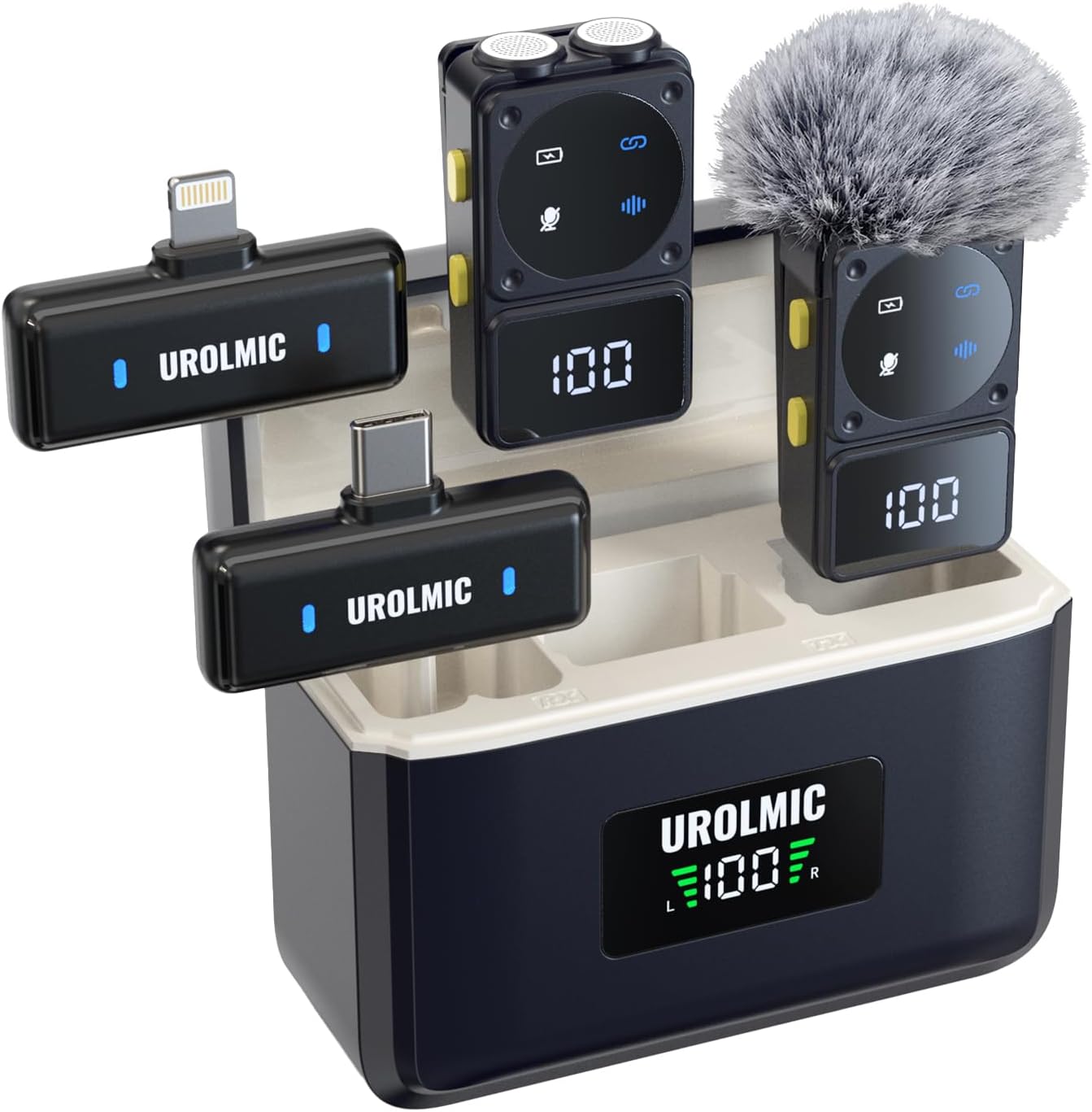 Wireless Lavalier Microphone with Digital Display & Charging Case, Dual Mic for Noise Reduction, 45H Battery, 50M Range, Lightning/USB-C Receiver for iPhone Android, for YouTube, Vlogging