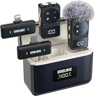 UROLMIC Wireless Lapel Microphone Compatible with iOS and Android Phones, 45H Battery, 50M Range, Case with Digital Displa…