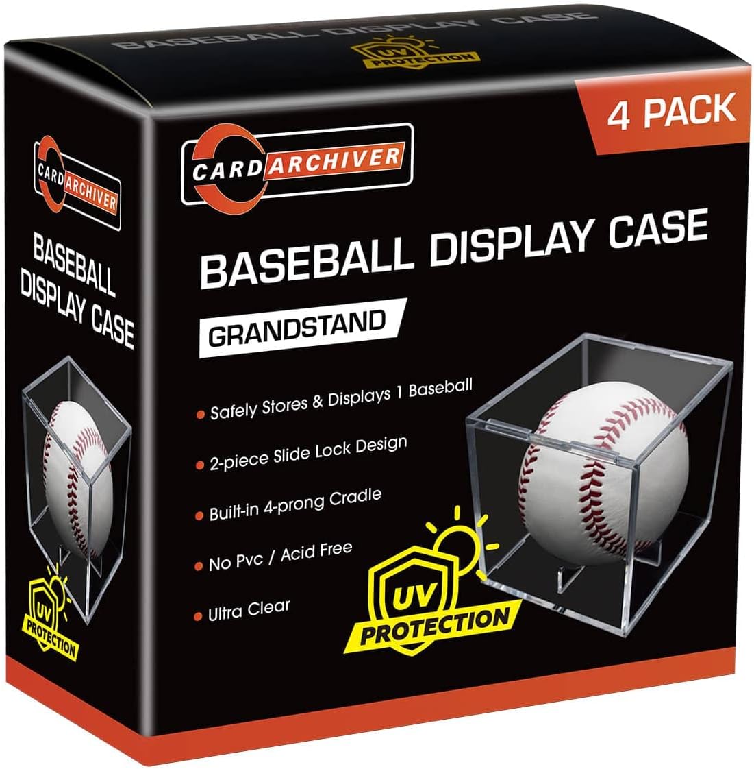 4 Pack Baseball Display Cases UV Protected Acrylic Square