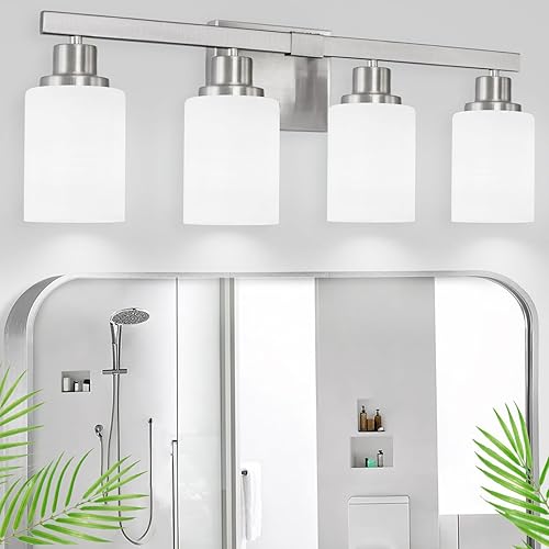 Lámpara de tocador de baño, 4 luces de níquel modernas con pantalla de vidrio blanco lechoso, lámparas de pared, lámparas de pared vintage de baño