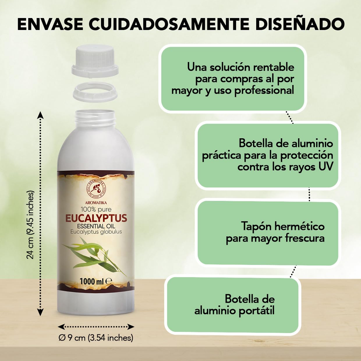 Aceite Esencial de Eucalipto 1000 ml - Eucalyptus Globulus - Natural y Puro - Aceites Esenciales para Difusores - Fragancias para el Hogar - Jabones y Velas - Sauna - Aroma a Eucalipto - Aromaterapia