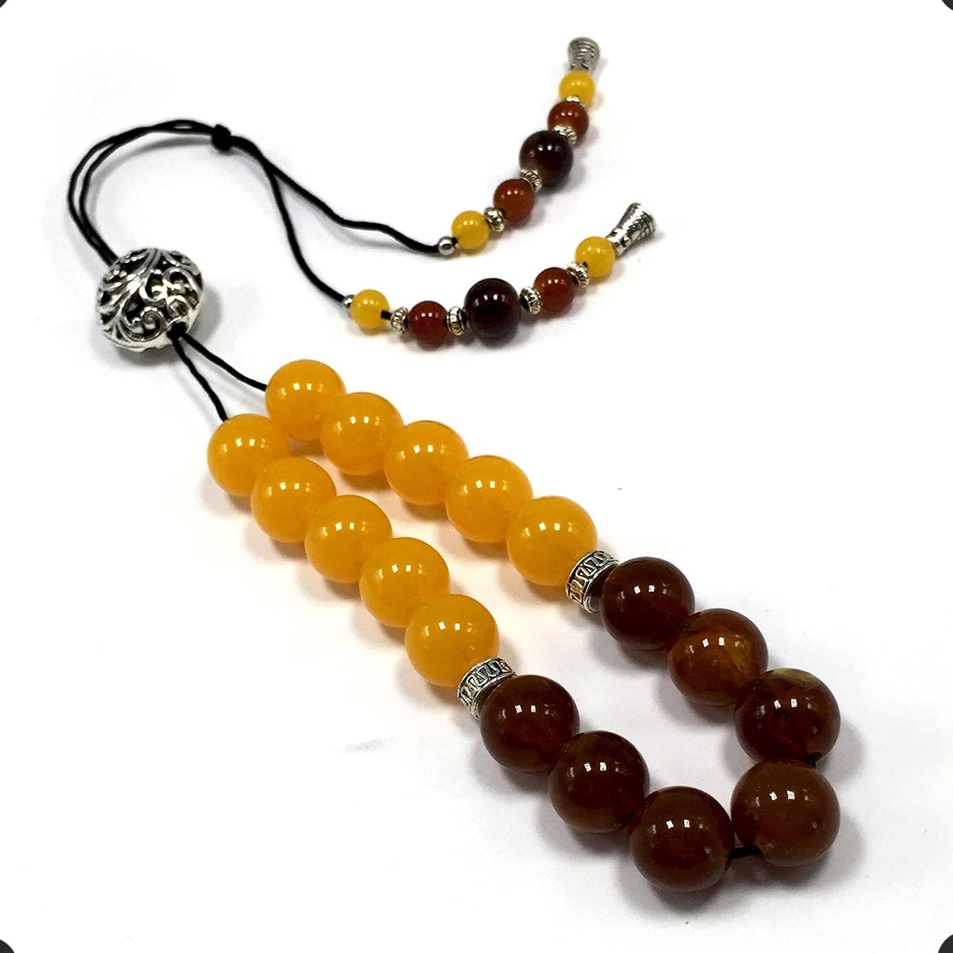 Design - Greek KOMBOLOI Series Worry Beads Begleri Pony Anxiety Beads Rosary Relaxation Stress Relief (Yellow-Brown Imitation Resin - 12 mm, 17 Beads)