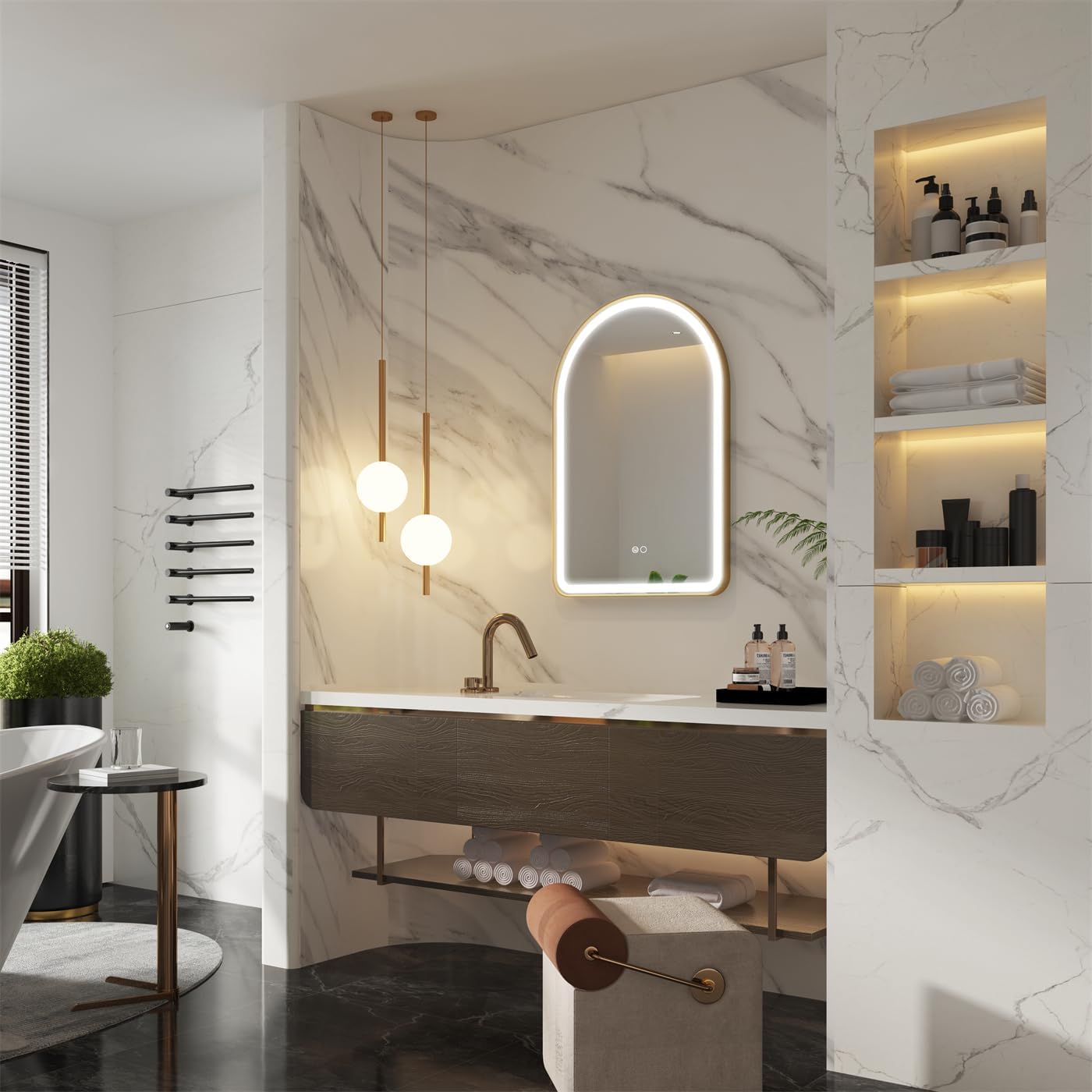 WELLFOR 24 x 36 Inch Arched Lighted Vanity Mirror, Wall-Mounted Framed Led Mirror, Lighted Mirror with Wider LED Light Frost Area Includes Dimmer Defogger (Brushed Gold)