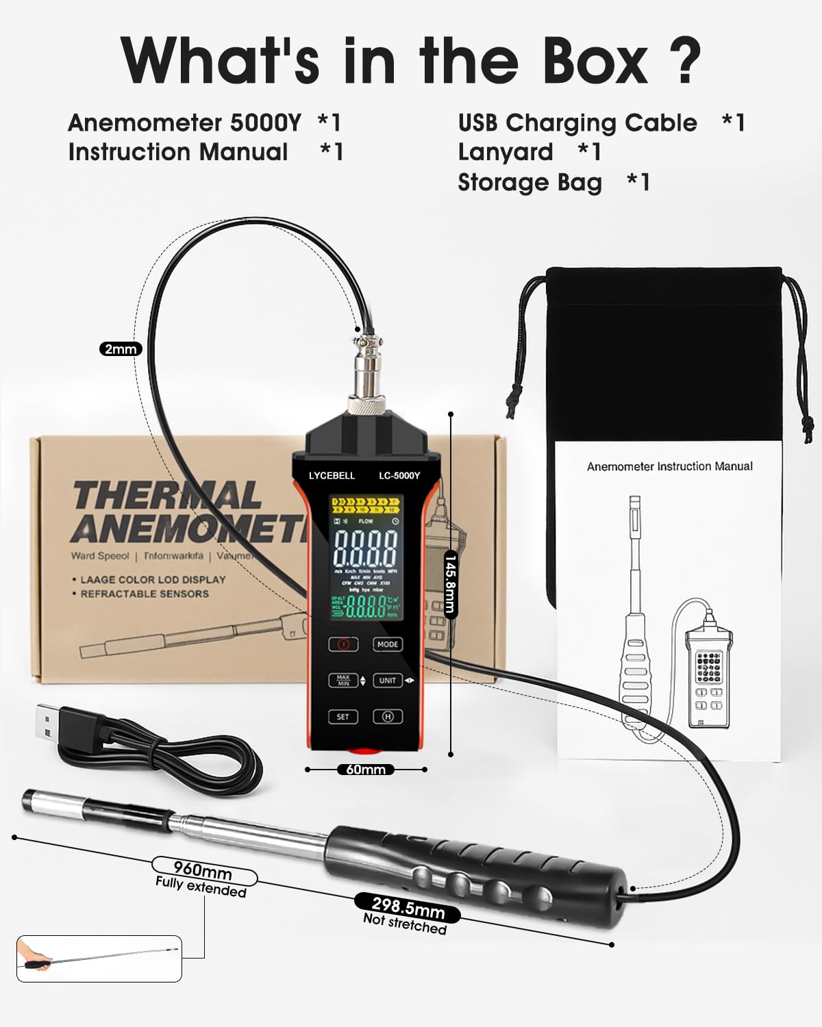 5000Y Hitzdraht-Anemometer Professionelles Windmesser Windmessgerät zur Messung von Luftgeschwindigkeit, Lufttemperatur und Volumenstrom (CFM/CMM) mit Thermischem Sensor für HVAC Industrie