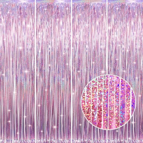GOER 3.2 ft x 8.2 ft Metallic Tinsel Foil Fringe Curtains Party Photo Backdrop Party Streamers for Birthday,Graduation,New Year Eve Decorations Wedding Decor(4 Packs,Laser Pink)