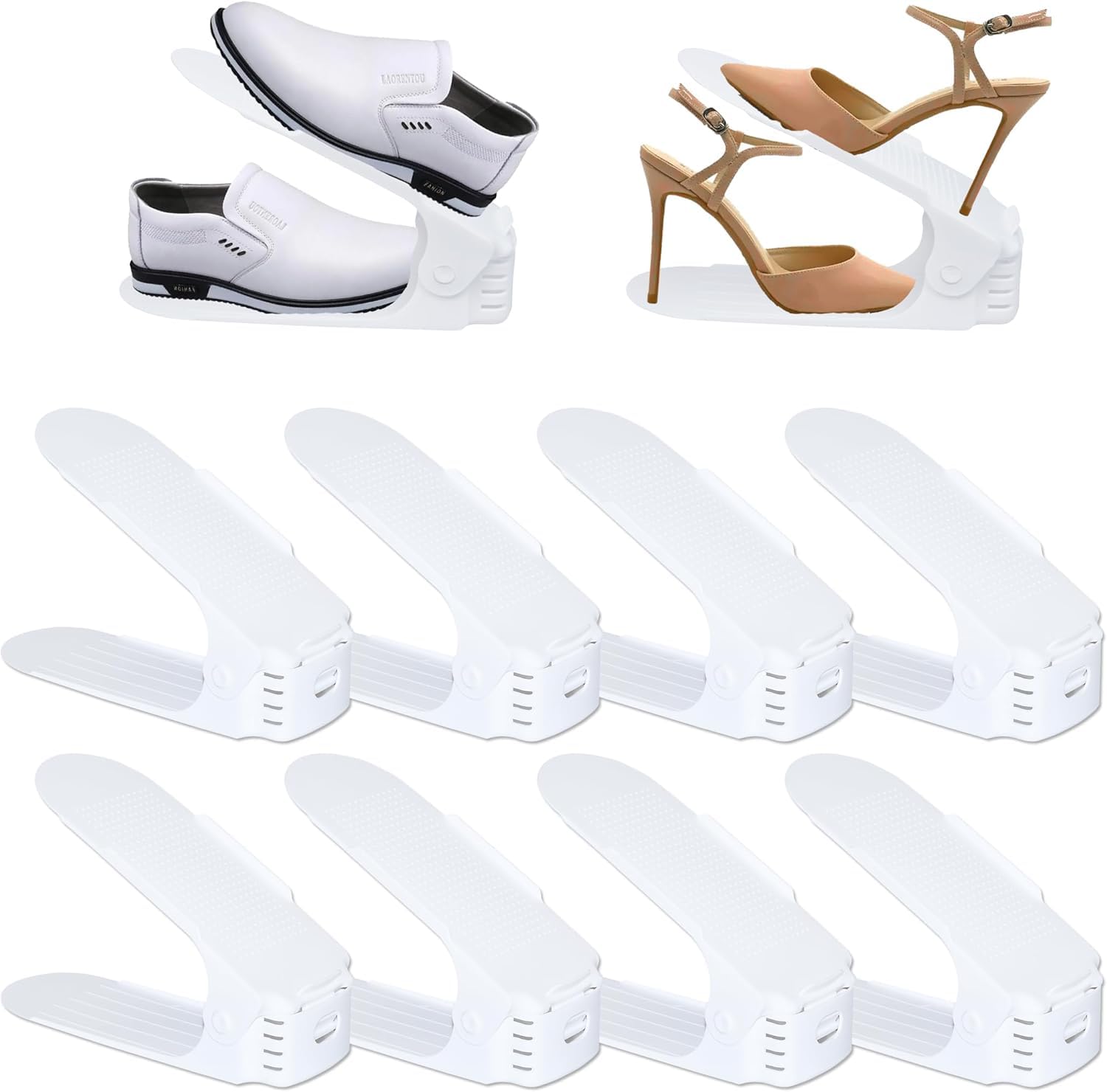YEATHOR Pack of 10 Shoe Slots Shoe Rack PP Shoe Storage Organiser with Non-Slip Surface Height Adjustable Space Saving Double Layer Shoe Stacker Shoe Holder for Closet Wardrobe Entryway, White