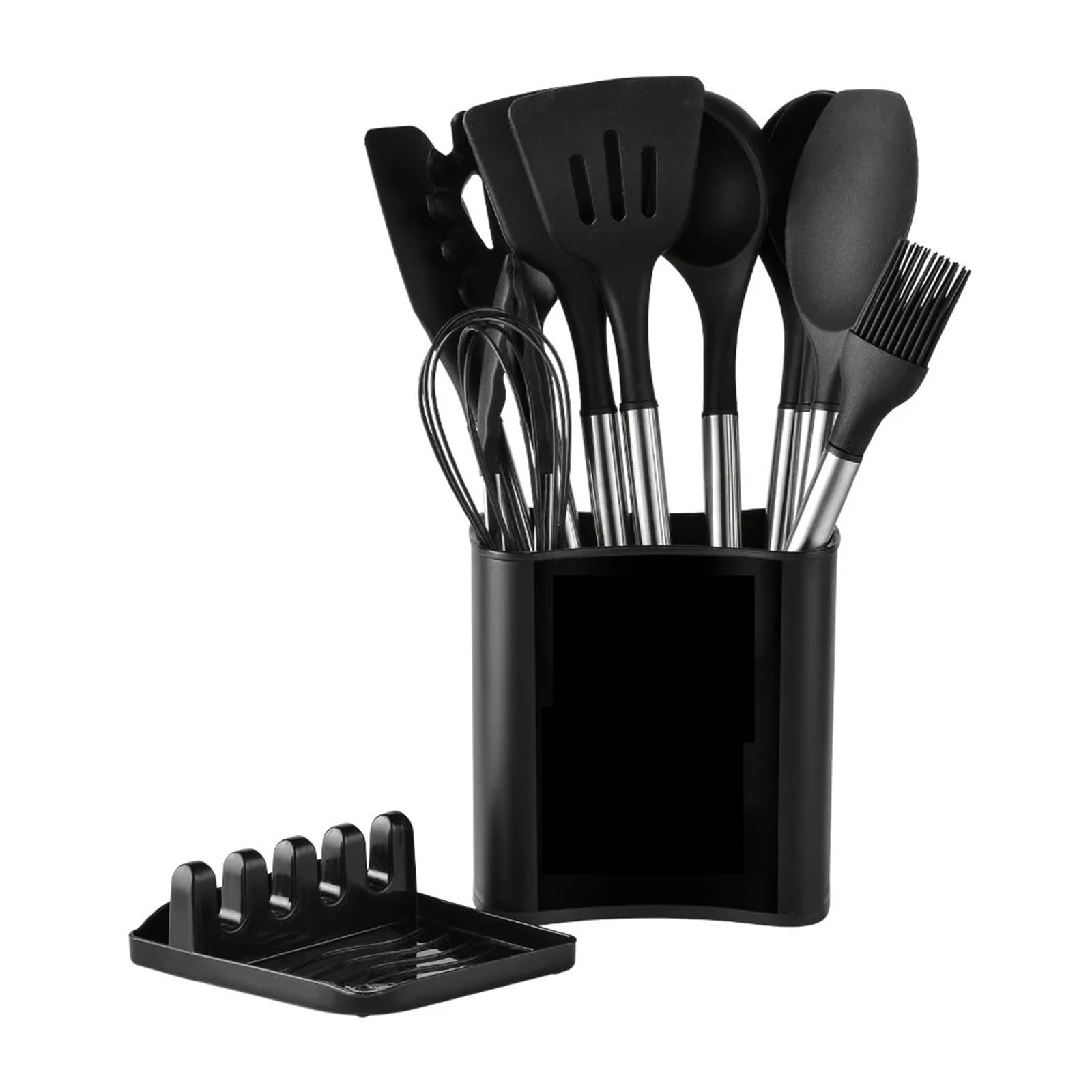 Generico Set di 13 Utensili da Cucina in Silicone, spatola Antiaderente, fruste, Paletta, Manico in Acciaio Inossidabile(Black 13Pcs)