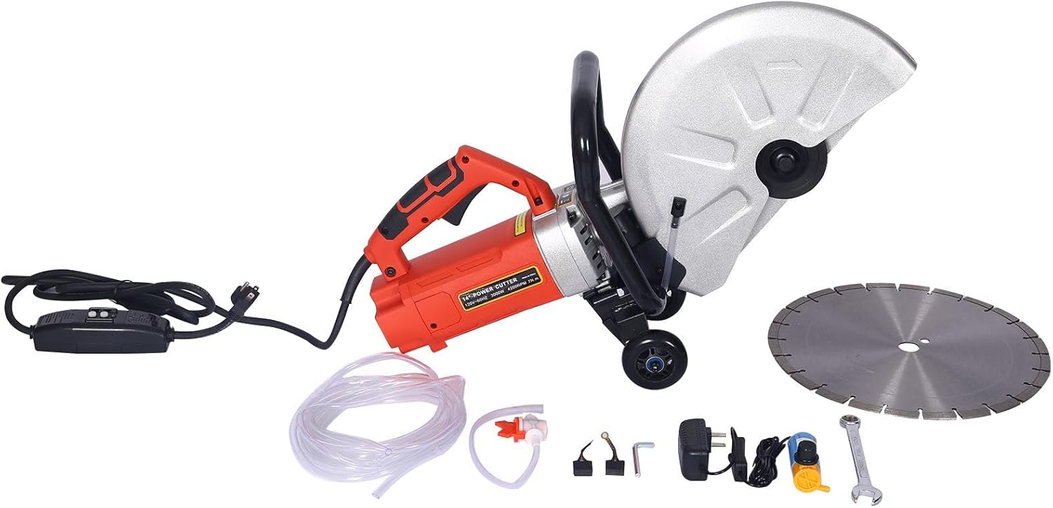Electric 14 saw circular Inch Cut Off Saw Wet/Dry Concrete Saw Cutter with Guide Roller and Water Line Attachment power circular saws 3000W Motor Includes Diamond Blade for Masonry Stone Tile Cutting