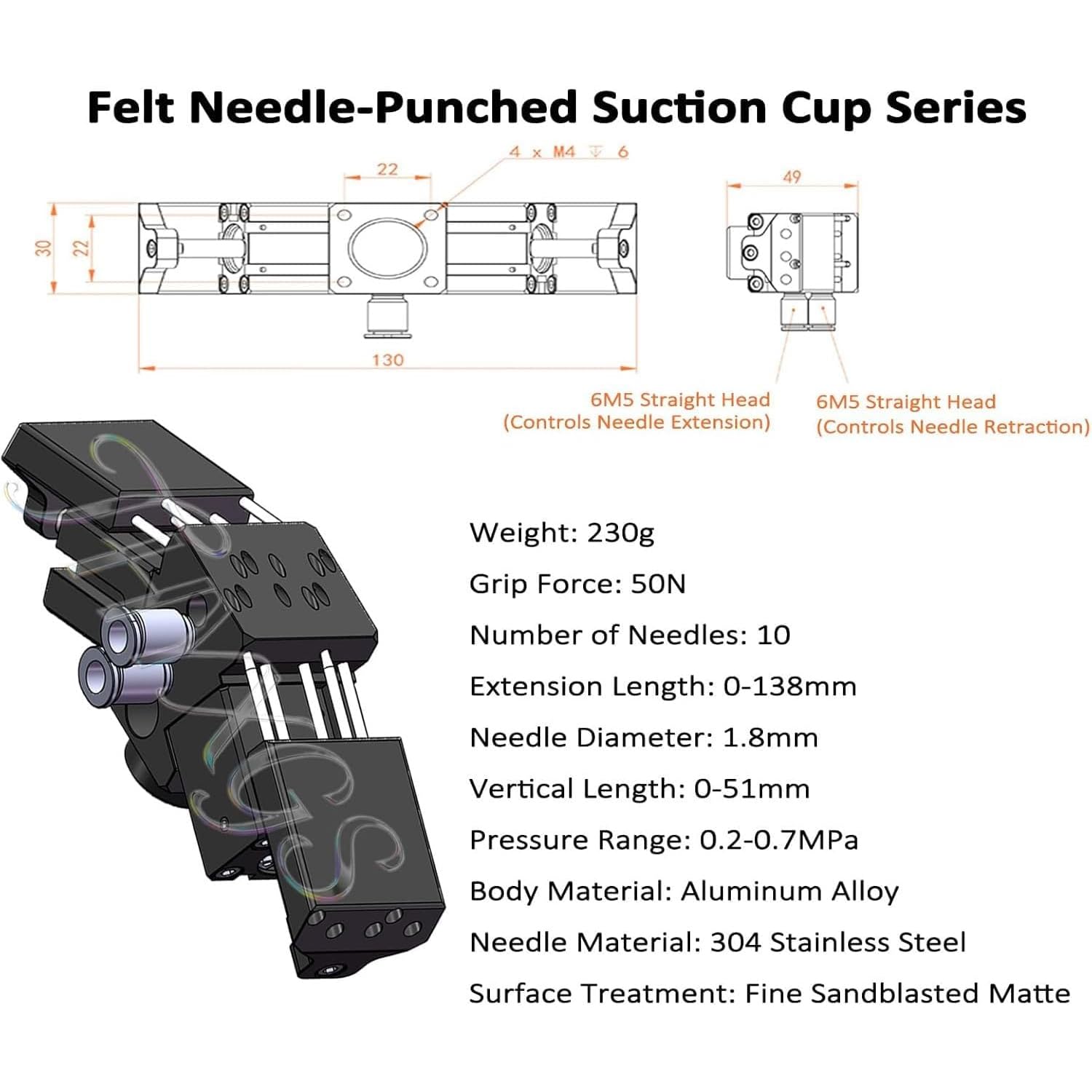 Clip de aguja neumático en forma de V, fuerza de agarre 50N, longitud ajustable de 0 a 138 mm, para tela móvil