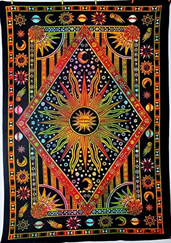 Tie Dye Psychedelic Celestial Sun Moon Tapestry Bohemian Tapestry Wall Hanging Dorm Decor Boho Tapestry /Hippie Hippy Tapestry Beach Coverlet Curtain (Twin (54 X 84 Inches Approx, Orange Multi Color) #TOP23
