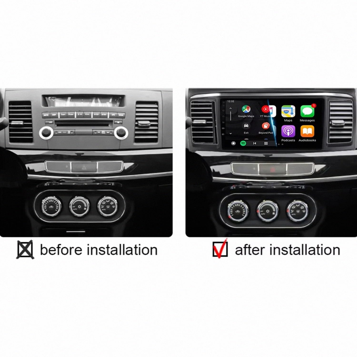 Wyświetlacz Carplay dla MITSUBISHI LANCER 9 10 X 2008-2016 Mirror Link, Asystent Głosowy, Nawigacja W Czasie Rzeczywistym, Ekran Dotykowy, Bluetooth, Sterowanie, 4 Rdzeń 2G+32G