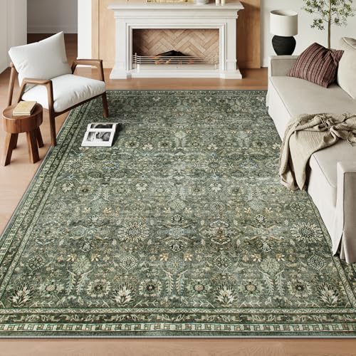 Lahome Green 8×10 Rugs for Living Room, Boho Washable Area Rugs for Bedroom, Rubber Backed Non Slip Floor Carpets for Dining Room Home Decor Apartment, Olive Green