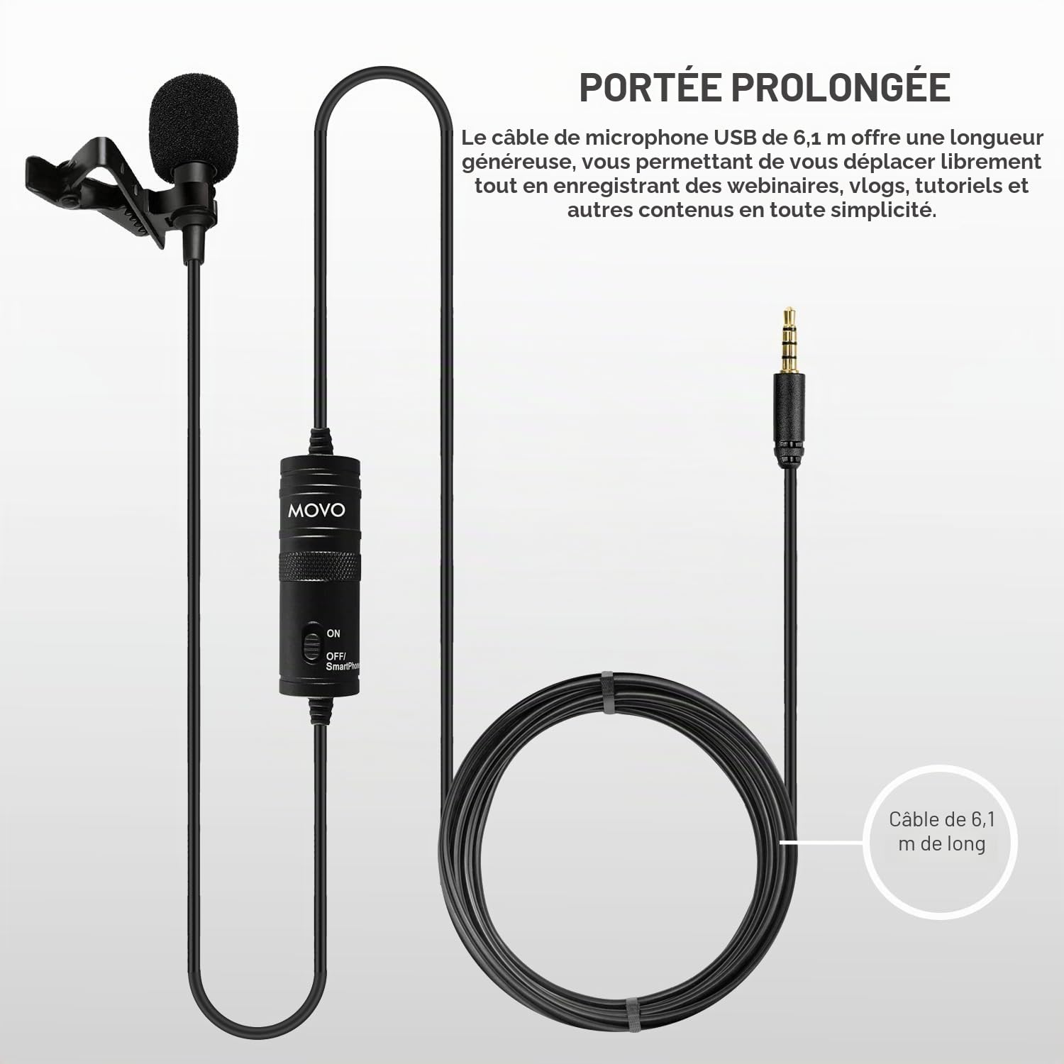 Microphone Universel Lavalier USB Movo pour Ordinateur avec Adaptateur USB Compatible avec Les PC et Les Mac, Smartphones, appareils Photo, podcasting, Microphone Portable (Cable de 6 mètres)