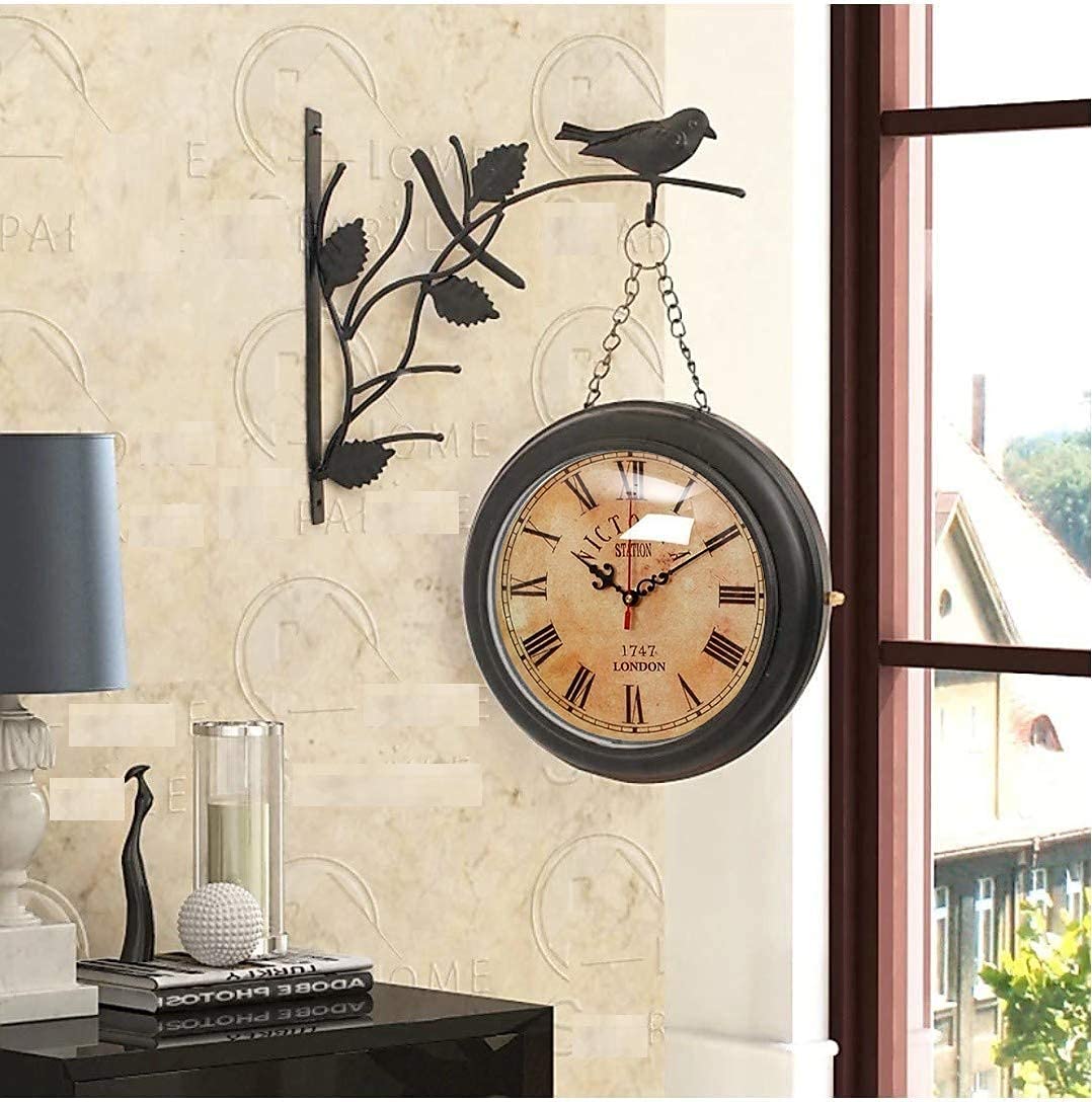 SellPlus Black Iron 10 Inch Victoria Station Clock | London Vintage Wall Clock | Retro Bird Wall Clock | Double Sided Wall Clock Antique Clock (8 Inch) On Diwali 2 Pieces of T Light Holder