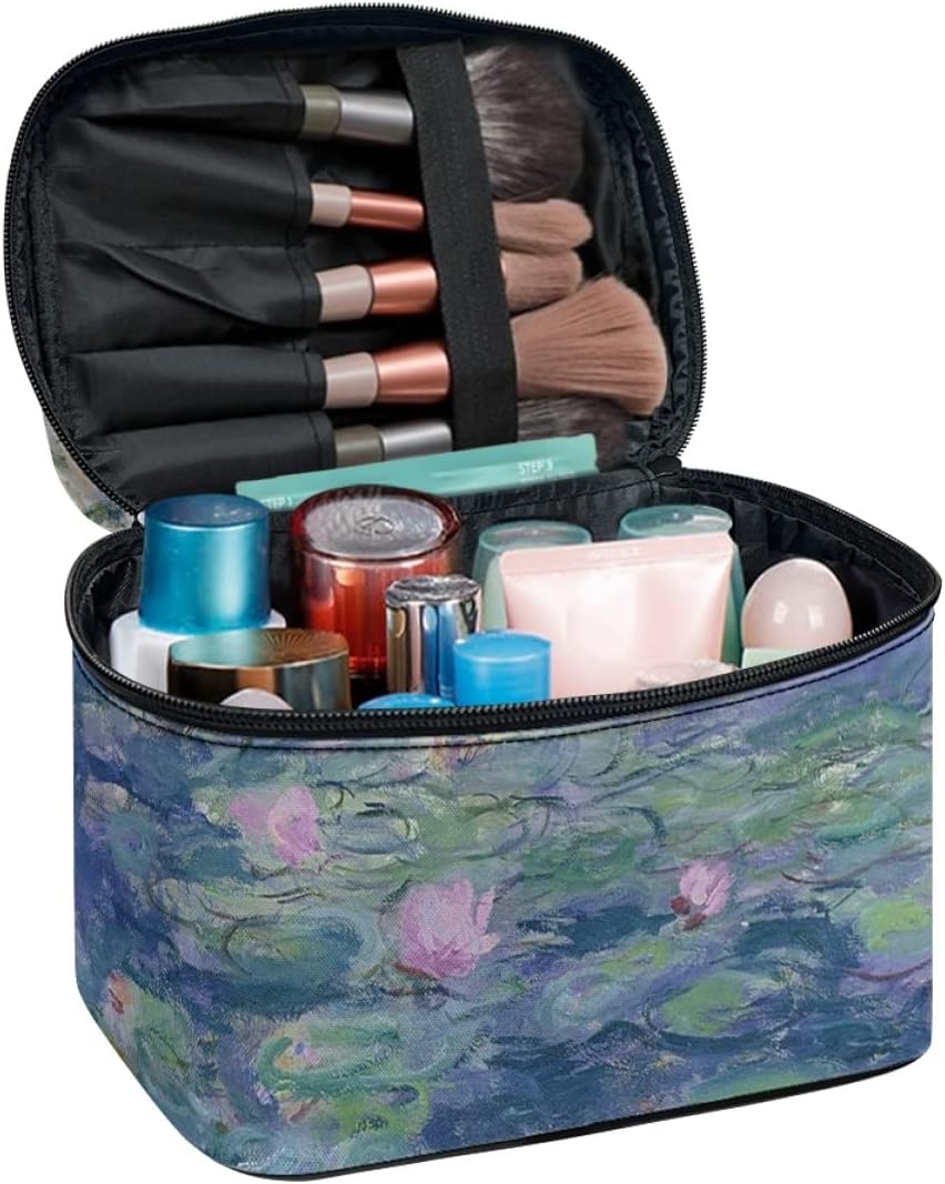 ENLACHIC Women Large Makeup Bag Bulk Organizer, Monet Water Lilies Art Print Portable Cosmetic Cases PU Leather Zipper Travel Toiletry Bag