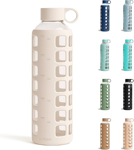 purifyou Botella de Agua de Vidrio Borosilicato de 40oz 32oz 22oz 12oz con Marcadores de Tiempo y Volumen, Funda de Silicona, Tapa de Acero