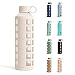 purifyou 40oz / 32oz / 22oz / 12oz Borosilicate Glass Water Bottle with Time & Volume Markers, Silicone Sleeve, Stainless Steel Lid | Reusable Glass Bottle for Water & Juice (32oz Pearled Ivory)