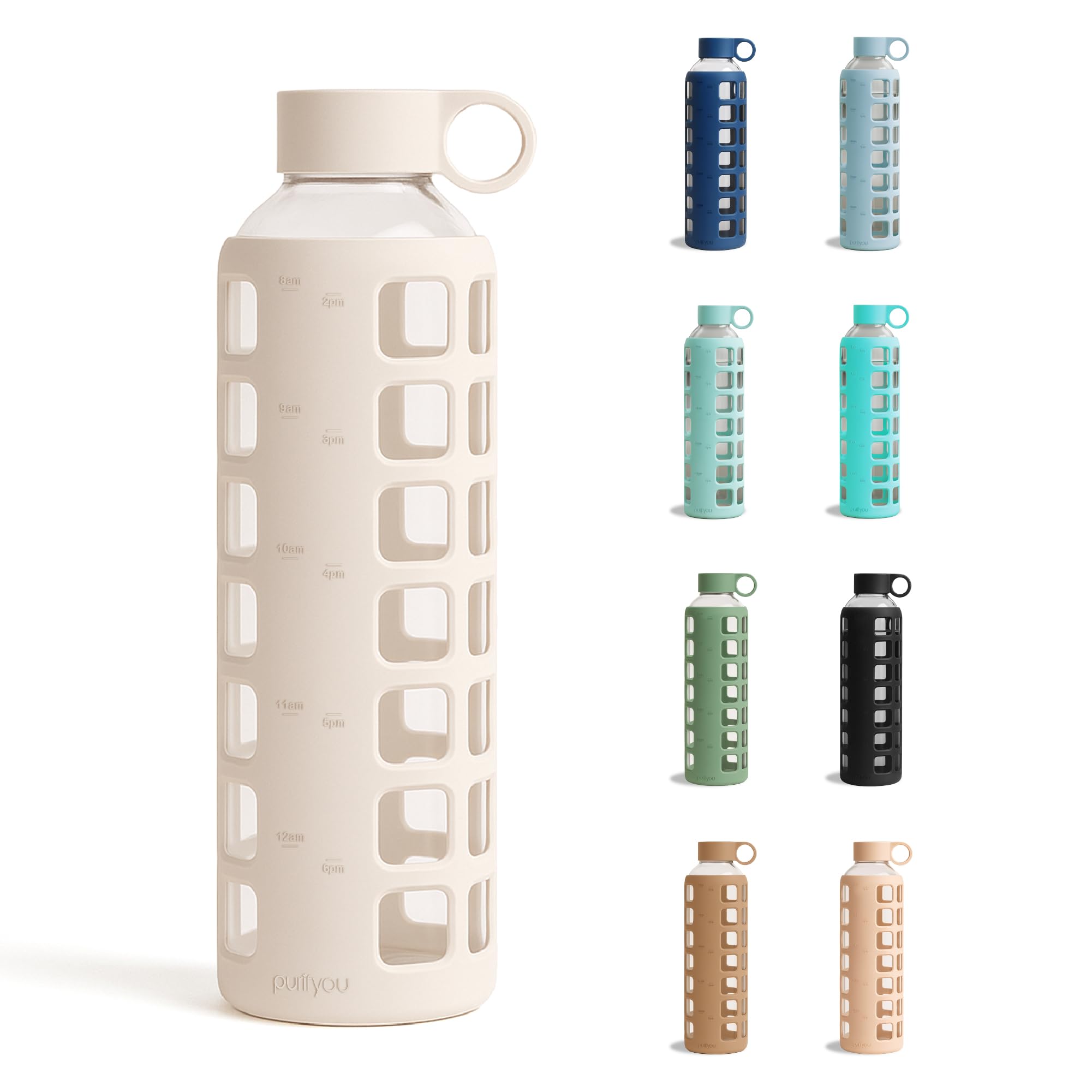 purifyou 40oz / 32oz / 22oz / 12oz Borosilicate Glass Water Bottle with Time & Volume Markers, Silicone Sleeve, Stainless Steel Lid | Reusable Glass Bottle for Water & Juice (32oz Pearled Ivory)