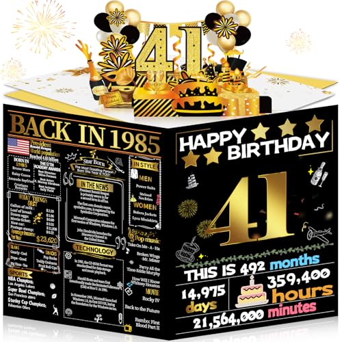 Joycard 41st Birthday Card for Women Men, 3D Pop Up Happy Birthday Gift for Her Him, Funny 41 Year Old Birthday Decorations for Wife Husband, Back in 1985 Laser Gold Retro Theme