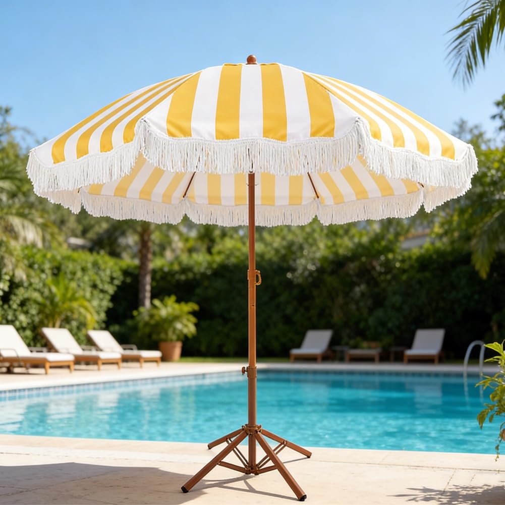 6,5ft Boho White-Ylow Striped Parasol z frynką, UPF 50 + Składany parasol tarasowy na ogród wakacyjny na świeżym powietrzu