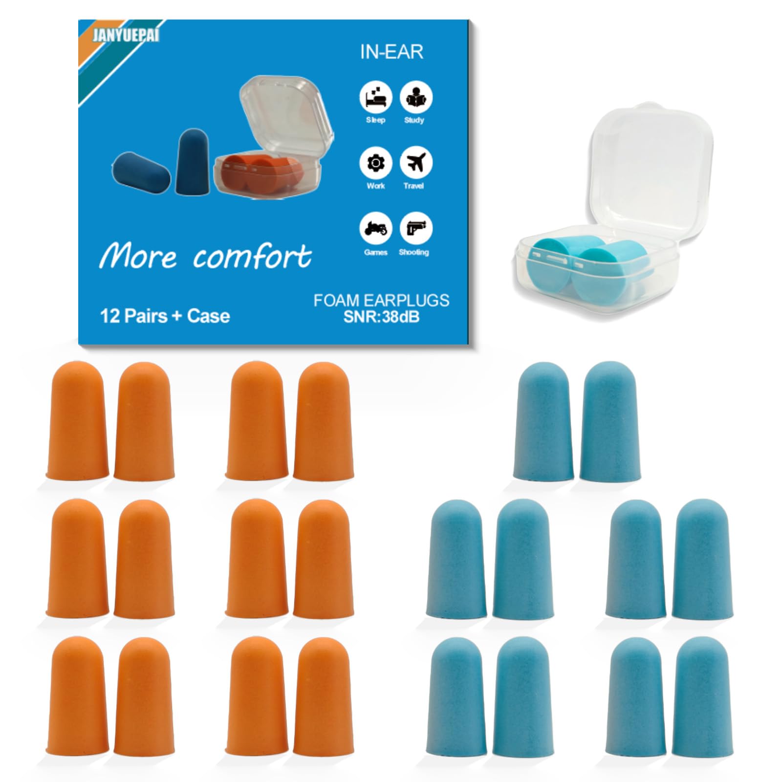 12 Pairs Foam Ear Plugs, 38dB SNR Noise Cancelling, Transparent Case, Blue & Orange for Sl...
