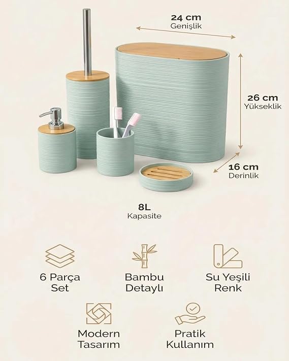 6 Parça Banyo Seti, Bambu Detaylı, 8L Çöp Kovası 24x26x16 cm (Su Yeşili)