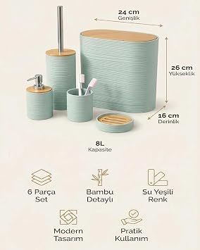 6 Parça Banyo Seti, Bambu Detaylı, 8L Çöp Kovası 24x26x16 cm (Su Yeşili)