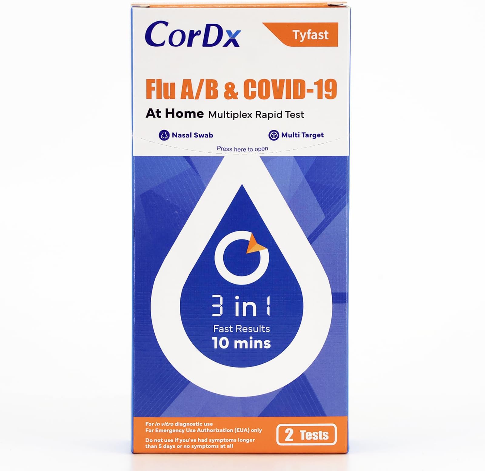CorDx TyFast at Home Flu A/B & COVID-19 Multiplex Rapid Test Kit, Easy, Accurate, Fast Results in 10 Minutes, 3 in 1 Combo Kit, 2 Tests