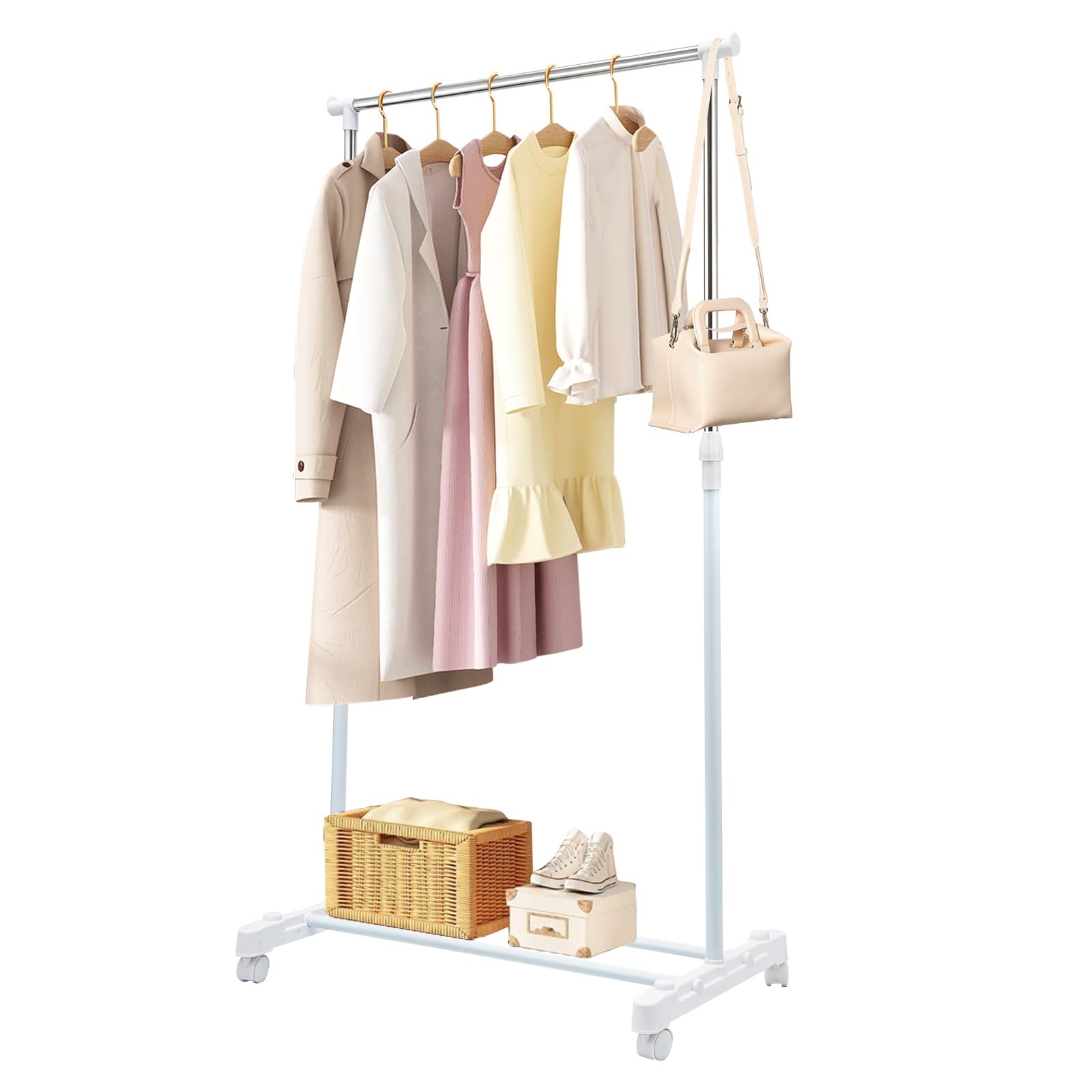 Youyijia Clothes Rail Extendable Clothes Rack (90-165) x85x42cm Portable Clothing Rail for Bedroom Small Hanging Rail on Wheels Adjustable Dress Coat Rack Tidy with Storage Stand Single Pole (White)