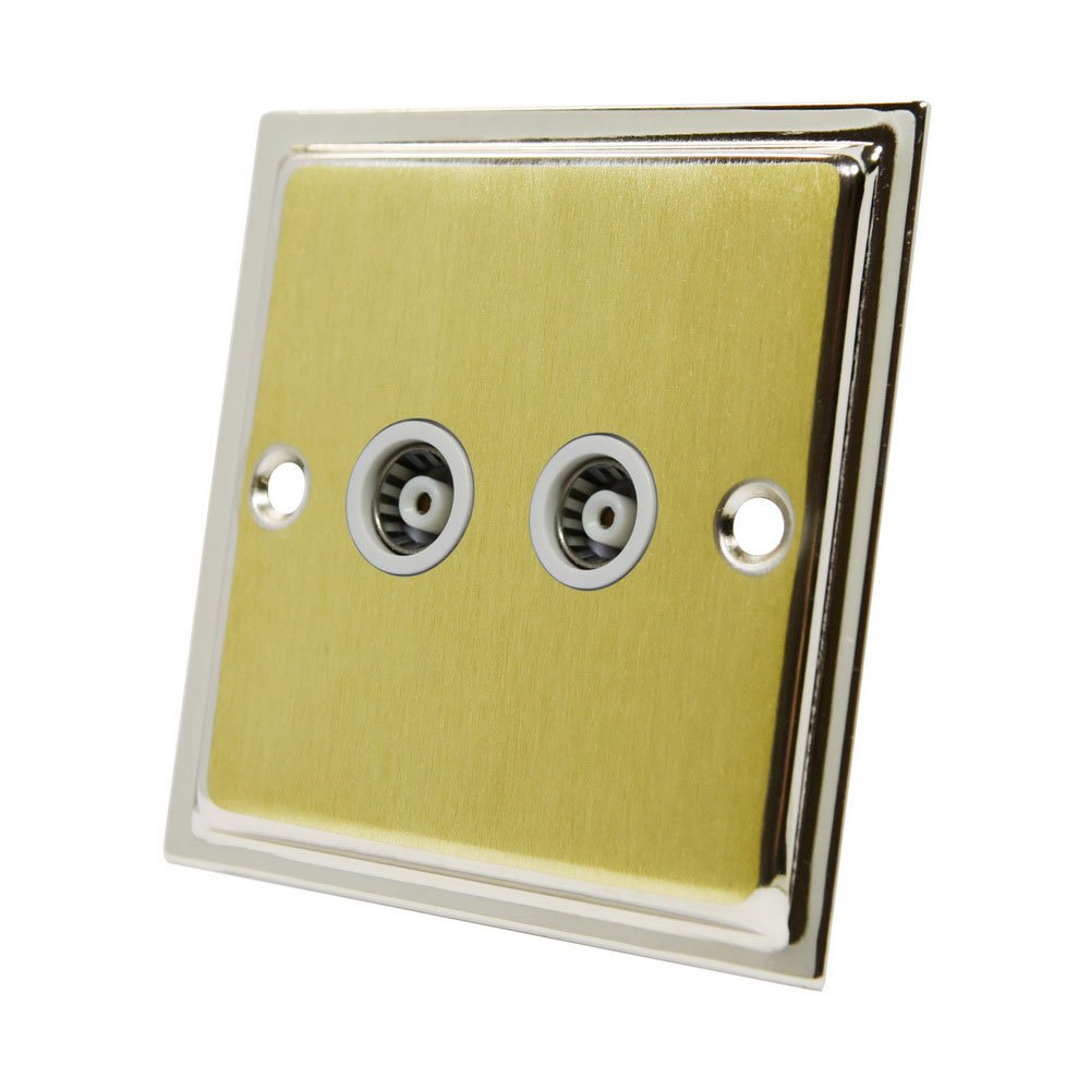 Slimline Duo Satin Brass Polished Chrome 2 Gang TV Socket White Insert - 2 Gang Aerial Coaxial Female Socket