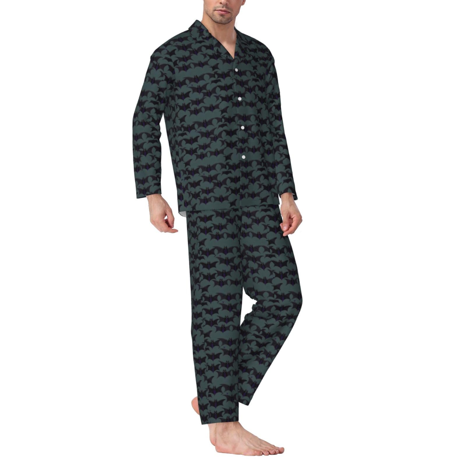 Herren-Pyjama-Set, Fledermausmuster, langärmelig, zweiteilig, Hauskleidung, bequeme Nachtwäsche