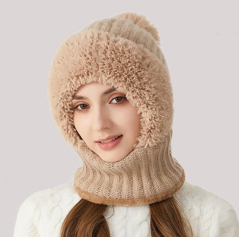 Women Warm Winter Hat Fluffy One Piece Beanie Hat Fleece Face Mask Neck Scarf Set Earmuff Ski Snow Knit Hats - Image 2