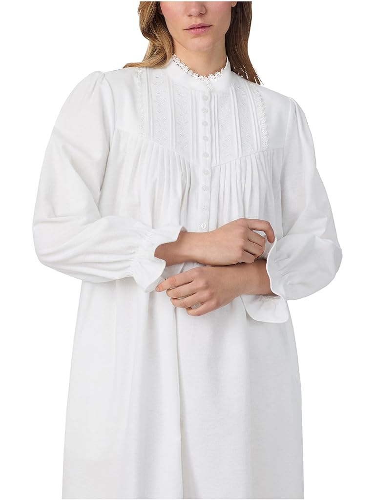 White Eileen West Cotton Brushed Flannel 50" Long Sleeve Highneck Nightgown