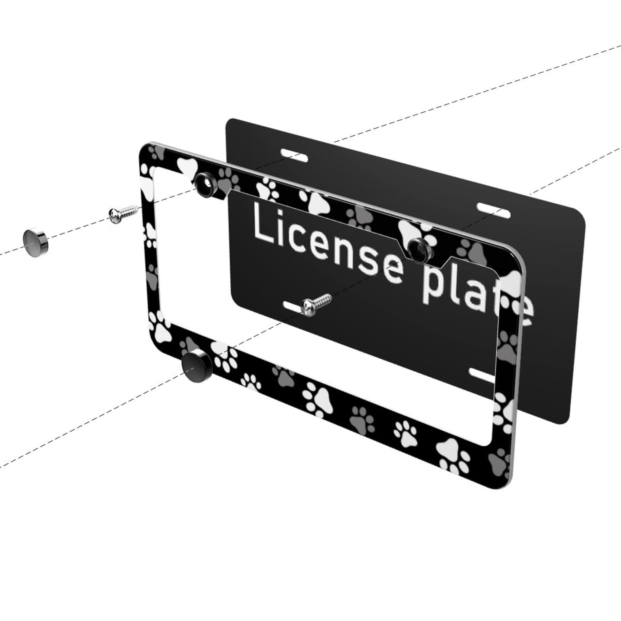 Dog Lover License Plate Frames - 2 Pack Aluminum 'Paw Prints' Design With Screws & Caps (Black/White) - View #7