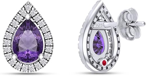 Miniatura 3 de Colección de aretes tipo dormilona de 0.236 x 0.157 in con diamantes blancos naturales con halo de lágrima en oro de 14 quilates sobre plata de ley,