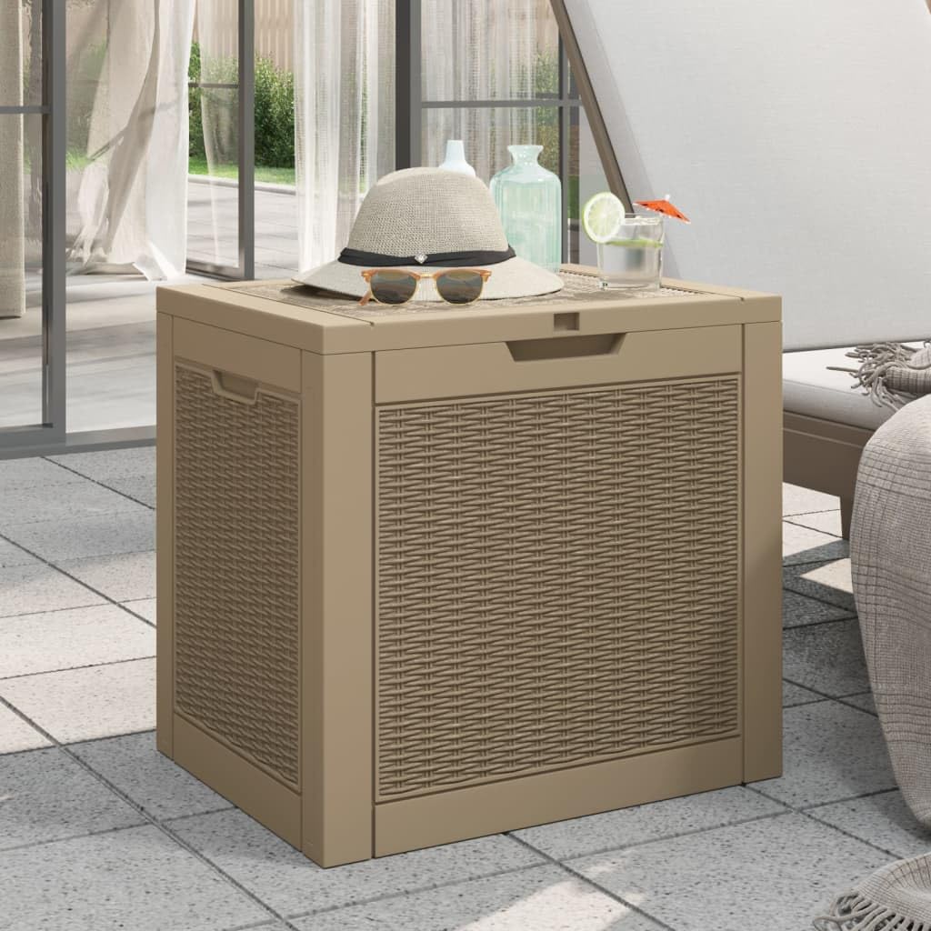 Cassapanca da giardino marrone chiaro, 55,5 x 43 x 53 cm, in polipropilene, resistente alle intemperie, richiudibile, con coperchio e maniglie laterali, per grandi attrezzi da giardino e
