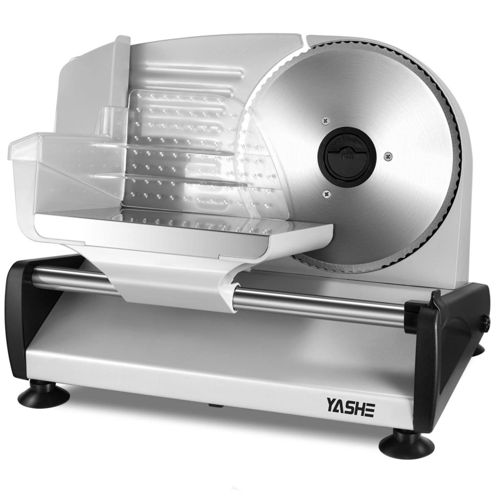 YASHE Electric Food Slicer, 150W Meat Slicer with Adjustable Thickness 0-15mm, Removable 19cm Stainless Steel Blades, Safety Lock, Suction Feet, for Meat, Cheese and Bread