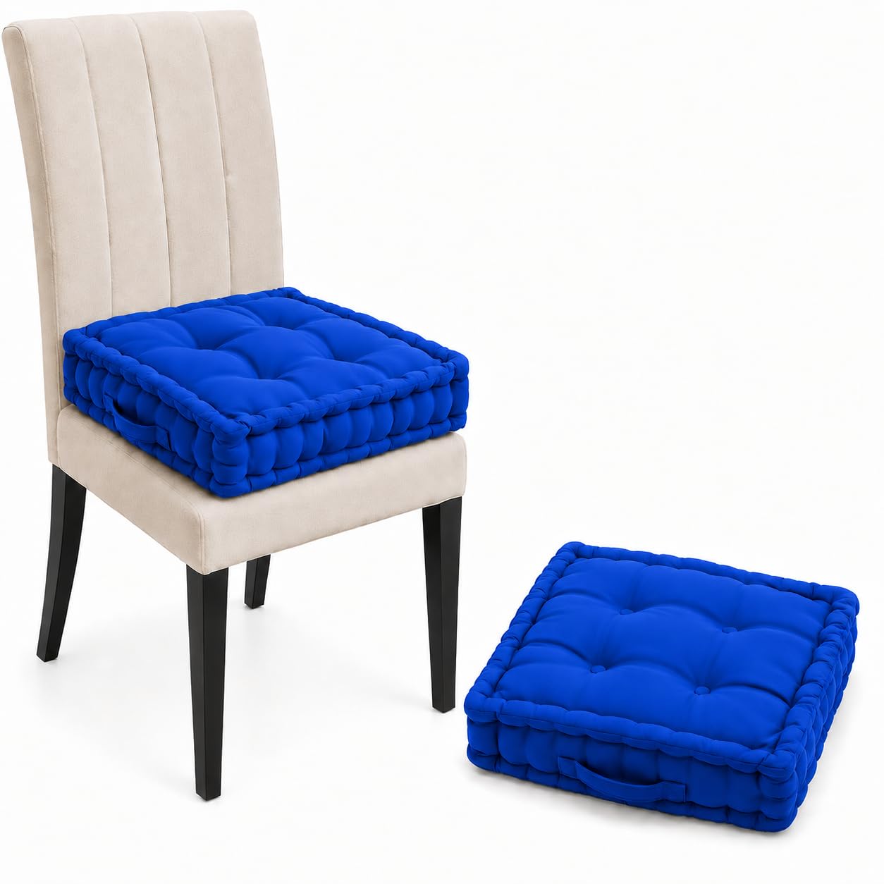 Chair Booster Cushion 45 x 45 x 10 cm | Thick 100% Cotton Filled Seat Pad with Carry Strap | Soft Tufted Square Chair Cushion with Polyester & Viscose Cover | Dining, Kitchen & Office – Royal Blue