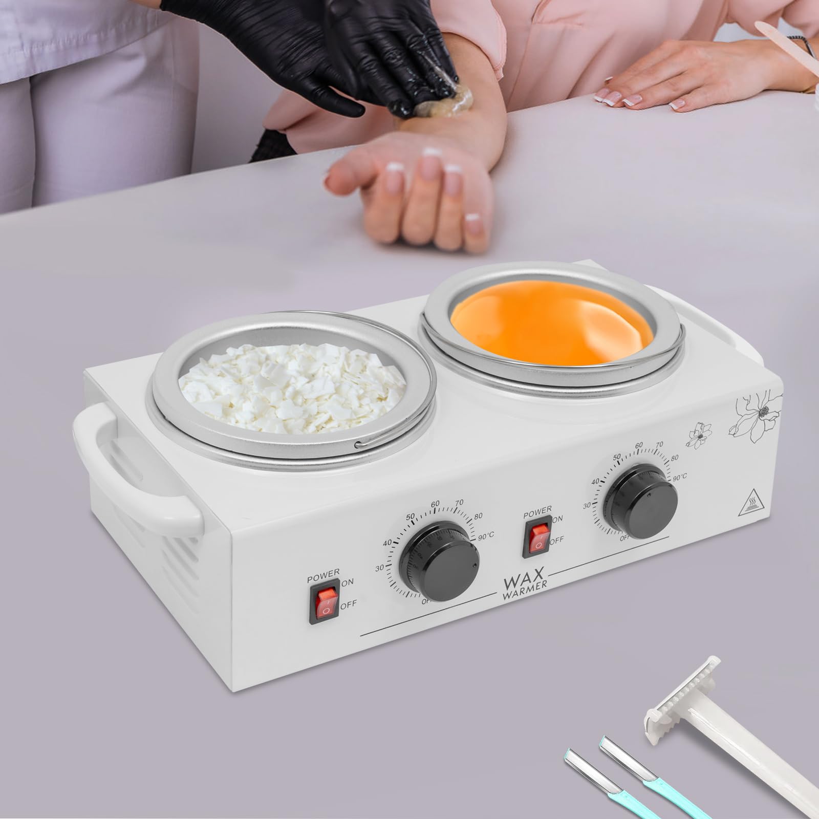 Urządzenie do podgrzewania wosku 200 W, urządzenie do podgrzewania wosku, podwójny przyrząd do usuwania włosów, do profesjonalnego i domowego, regulowana temperatura (biała)