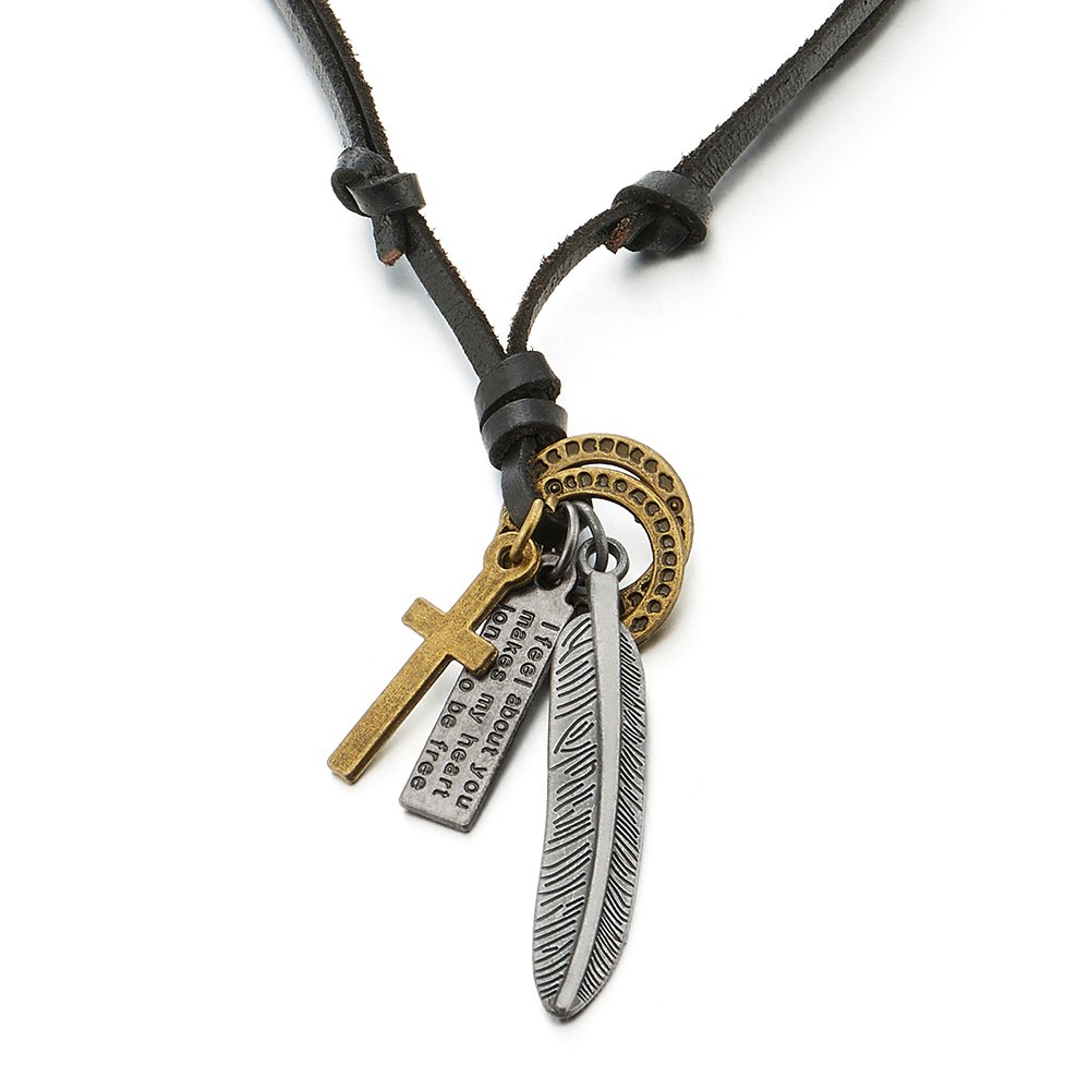 COOLSTEELANDBEYOND Collana Stile Retrò Con Ciondolo Ala D'angelo E Croce, Uomo E Donna, Cordino In Pelle Marrone Regolabile