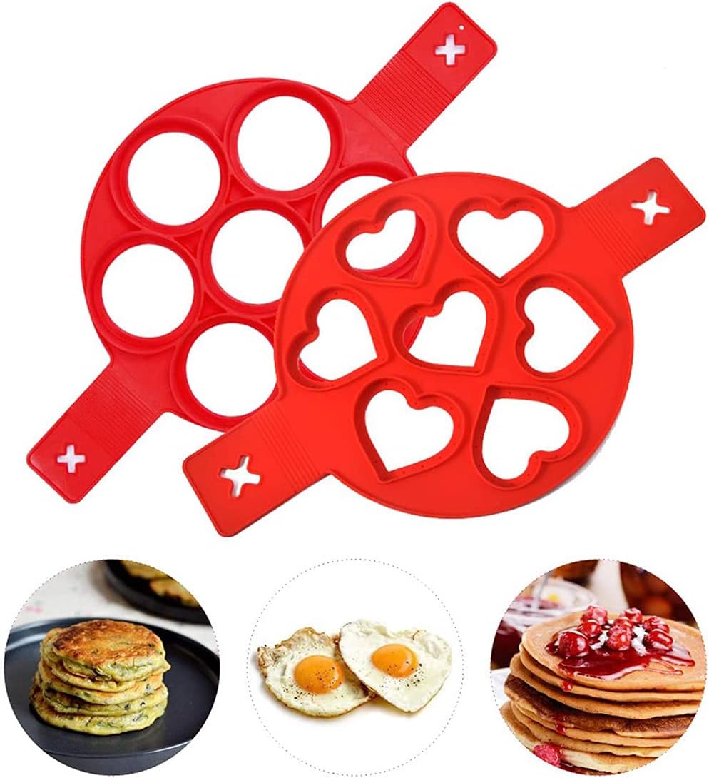 KASTWAVEOmelette Mold, Pancake Mold Ring, 2 Silicone Pancake Molds; 7 Holes Heart Reusable Silicone Non-Stick Pancake Tool Egg Ring for Egg Maker, Makes Right Shape (Red)