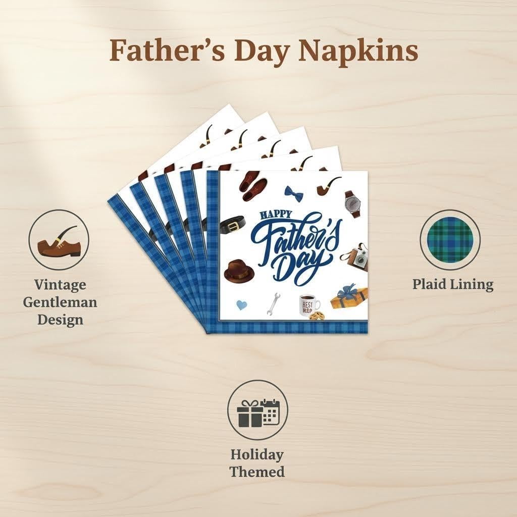40 Pcs Happy Fathers Day Napkins, Fathers Day Decorations, Blue Plaid Themed Disposable Paper Napkins for Dad Party, Decorative Tableware Ornamental Dinner Decor Supplies for Best Dad Celebration