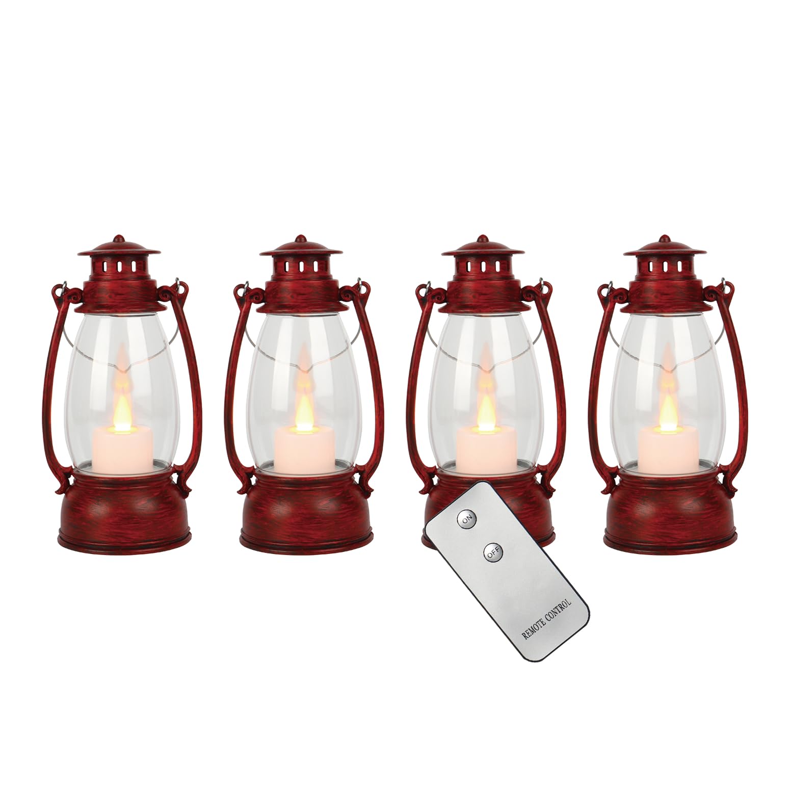 LLQ Small Red Lanterns Decorative with Remote, 7-inch Vintage Western Lanterns with Flickering LED Candle, Camping Decorations, Western Party Decorations, Christmas Centerpieces for Tables, 4-Pack