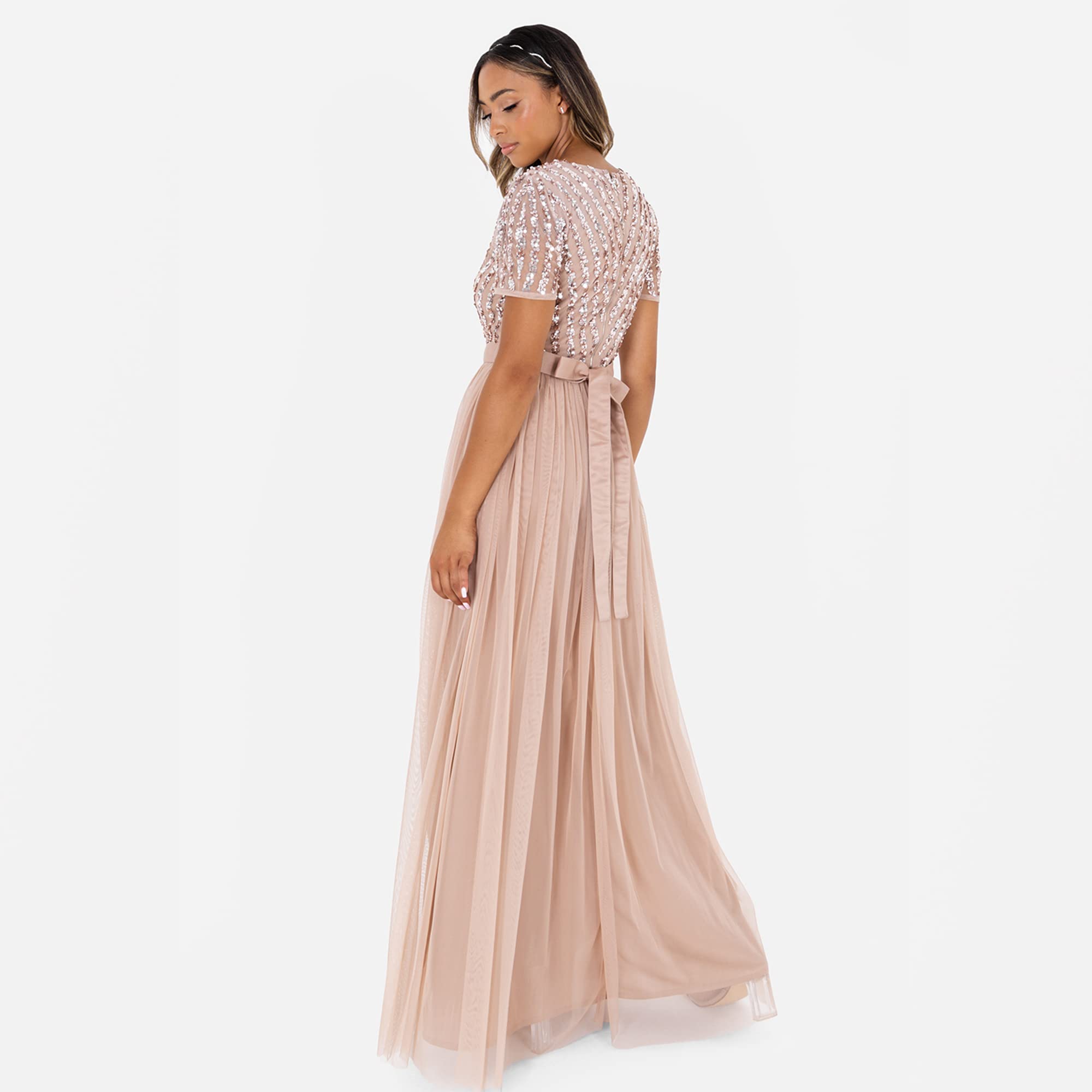 Maya Deluxe Women's Maxi Dress Ladies Bridesmaid V-Neck Ball Gown Short Sleeves Long Elegant Empire Waist Wedding