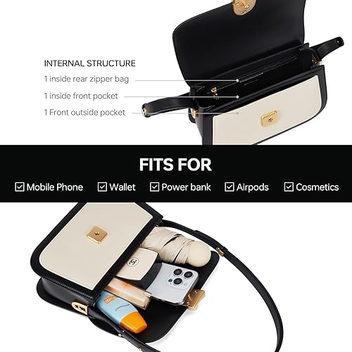 Miniatura 7 de LAFESTIN Genuine Leather Shoulder Bag for Women with Adjustable Strap, Crossbody Purses For Women, Designer Inspire Handbags negro, marfil (Black