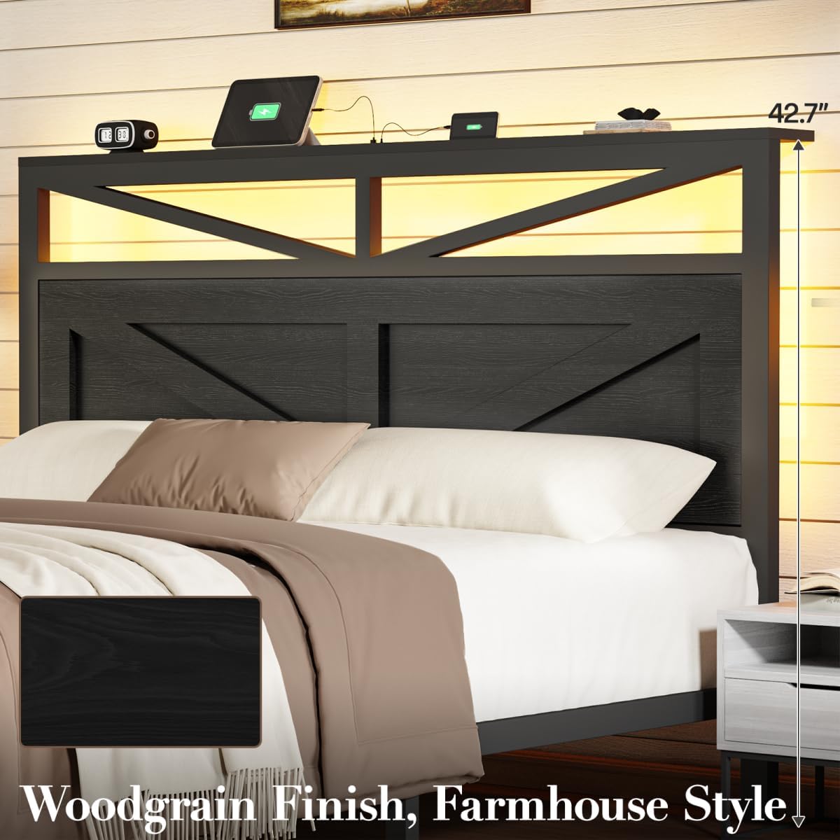 Rustic Full Size Bed Frame with Barn Door Headboard and Storage, Farmhouse LED Bed Frame Full with Charging Station, Industrial Bed Frames Metal Slats Support, No Box Spring Needed, Black