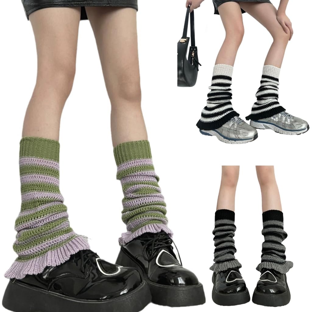 Girls Lolitas Leg Warmers Stripe Knitted Flared Leg Sleeves Baggy Cuff Ankle Heap Socks Uniform Foot
