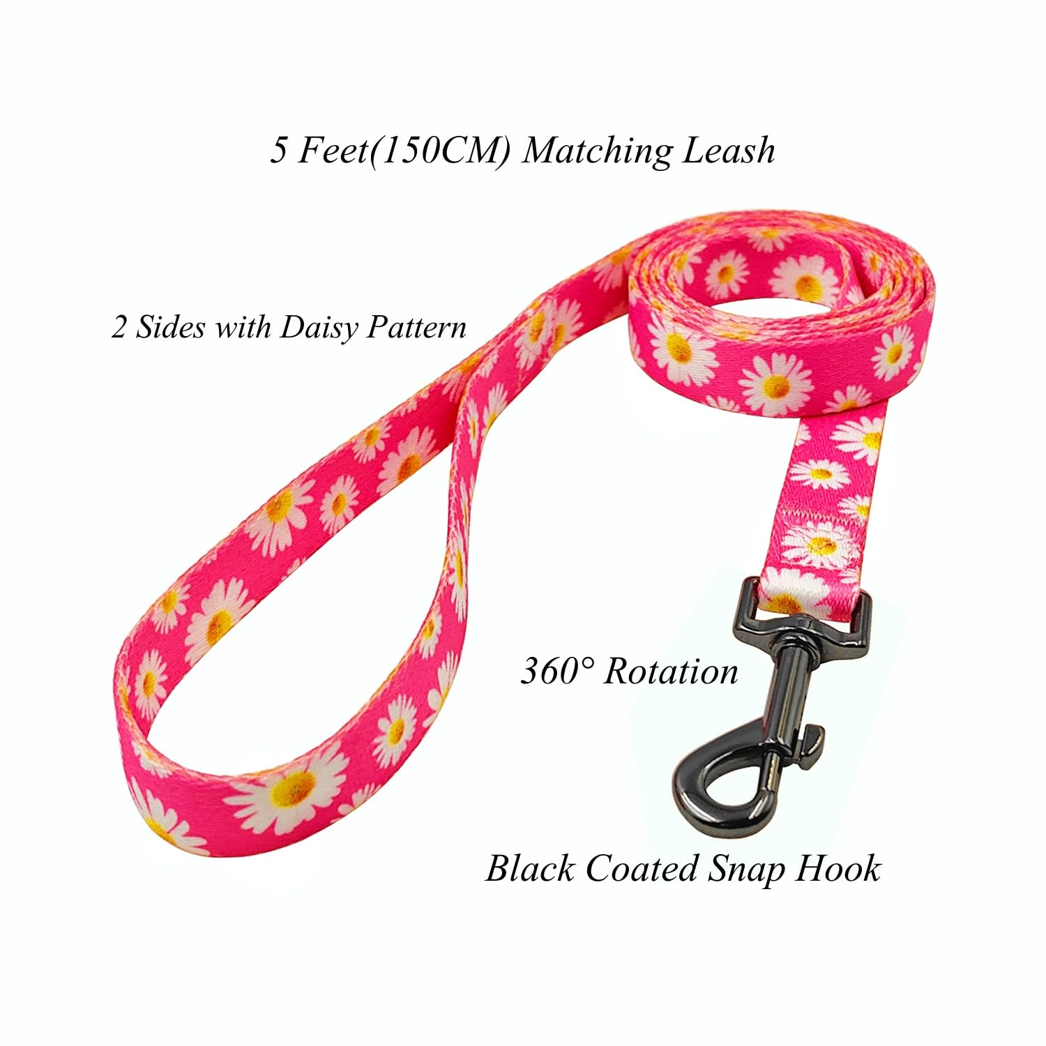 Dog Collar and Leash Set, Cute Pink Daisy Pattern, Polyester Material, 5ft Leash, for Small Dogs.(S, Daisy Set)