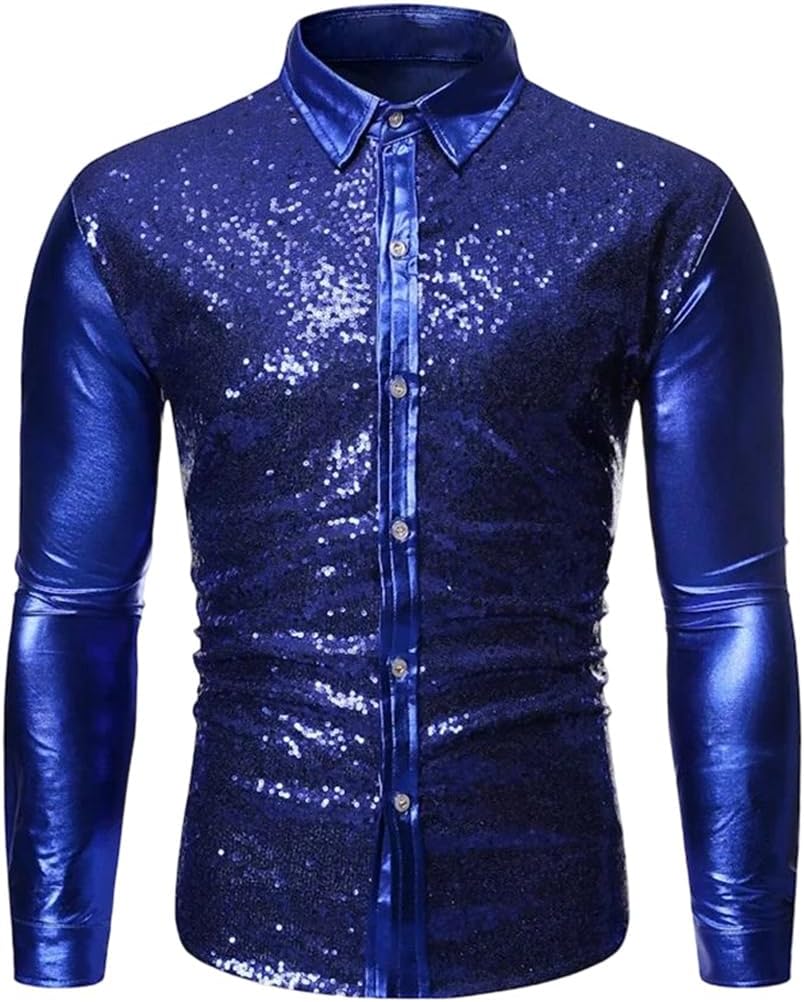 Men's Sequin Dress Shirt Long Sleeve Button Down Fashion Stage Performance Nightclub Costume Top