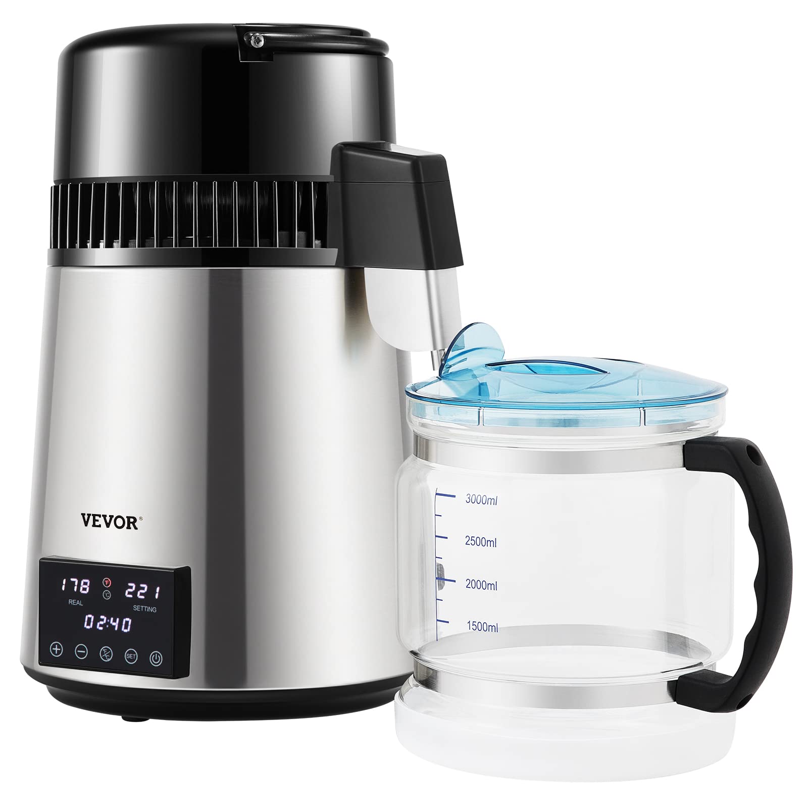 VEVOR 1.1Gal Wasserdestillierung, 0,4Gal/H, destilliertes Wasser herstellen Maschine 1750W 0-99H Timing Dual Temperaturdisplay, 304 Edelstahl-Arbeitsplatte Destillationsglas Karaffe Reinigungspulver 3
